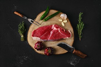 Top view of raw top sirloin beef steak on wooden cutting board