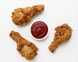 Top view fried chicken drumsticks with ketchup. Resolution and high quality beautiful photo