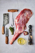Overhead view of raw fresh deer leg with spice and herb over concrete background