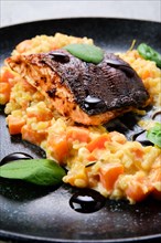 Closeup view of fried salmon steak served with bulgur and sweet potato on a plate