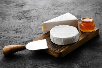 Piece of soft brie or camembert cheese on cutting board