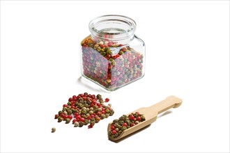 Heap of different types of dry pepper on white background