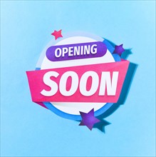 Opening soon text with stars blue background