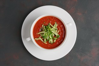 Plate of traditional spanish gazpacho. Top view