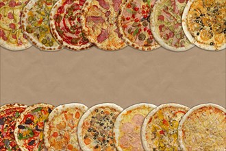 Horizontal collage of different baked pizzas on cardboard. Top view