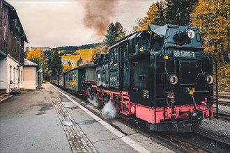 The narrow-gauge railway Fichtelbergbahn shortly in front of the start in Oberwiesenthal at the station