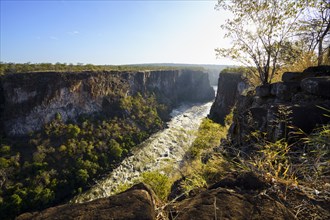 Zambezi river gorge view down to the water flowing in the deep valley. Zimbabwe and the sky are on the opposite sides of the large gap. Victoria falls