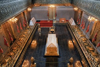 Magnificently decorated mausoleum of King Mohammed V with the sarcophagus