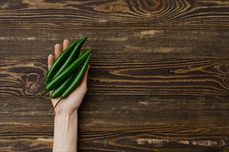Overhead view of fresh green chilli pepper in hands over wooden background