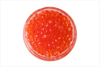 Overhead view of open jar with red caviar isolated on white
