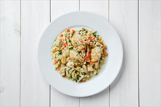 Top view of steamed chicken meat with rice