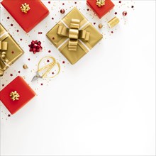 Flat lay arrangement festive wrapped presents with copy space