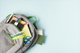 Opened backpack with school supplies