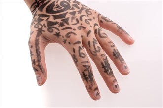 Hand with tattoo on a white background