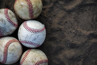Close up dirty baseballs with copy space