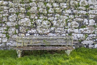 Old bench in front of stone wall with moss and lichen