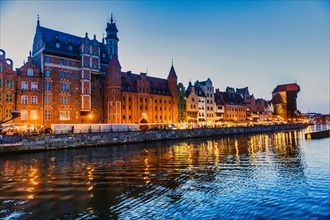 Hanseatic league houses on the Motlawa river at sunset