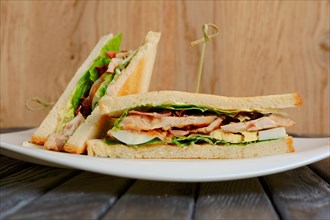 Plate with club sandwich on wooden table