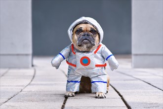 French Bulldog dog wearing funny Halloween astronaut space suit costume