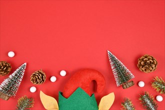 Seasonal flat lay with Christmas elf hat and ears
