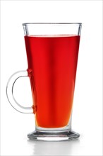 Hot mulled wine isolated on white with reflection. Transparent glass of glintwine