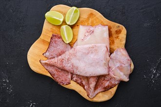 Top view of raw fresh unpeeled squid on wooden cutting board