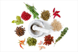 Various seasonings and herbs scattered on white background