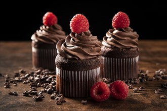 Close up delicious chocolate cupcakes with raspberry