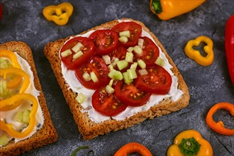 Slice of healthy whole grain toast topped with vegetables like red cherry tomatoes and cucumber pieces