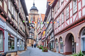 Obere Fulder Gasse with tower of the Walpurgiskirche and half-timbered houses