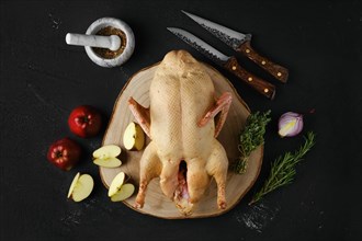 Overhead view of raw whole country duck on wooden cutting board