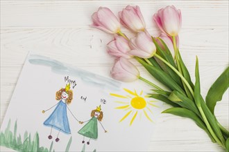 Kid drawing mother daughter with flower. Resolution and high quality beautiful photo