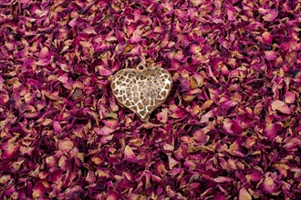 Golden color heart on dry rose petals background