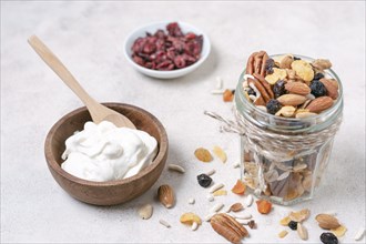 Close up breakfast with yogurt nuts