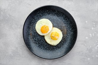 Top view of two fried eggs on a plate