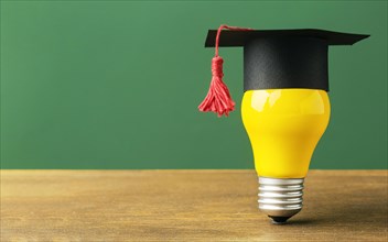 Front view lightbulb with academic cap copy space
