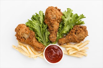 Top view fried chicken drumsticks with fries ketchup. Resolution and high quality beautiful photo