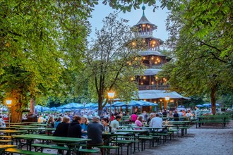 Beer garden at the Chinese Tower in the English Garden at dusk