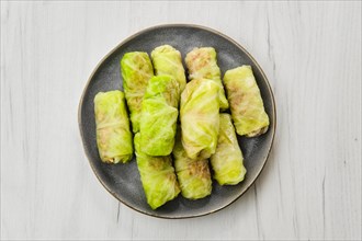 Top view of rolled cabbage leaves stuffed with ground meat