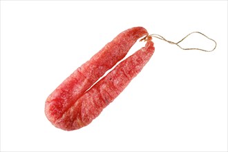 Top view of smoked dried turkey sausage isolated on white background