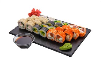 Big set of rolls with traditional garnish isoalted on white background
