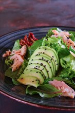 Closeup view of salad with salmon