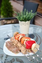 Marinated meat and vegetables on skewer ready for barbecue