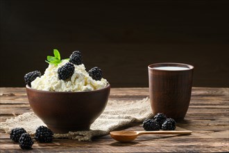 Dairy product cottage cheese and milk in brown ceramic bowl with spoon on wooden table
