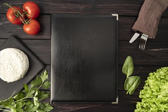 Top view empty menu book with tomatoes cutlery. Resolution and high quality beautiful photo