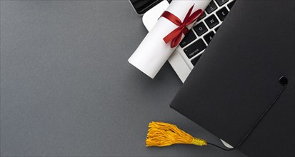 Top view laptop with diploma academic cap. Resolution and high quality beautiful photo