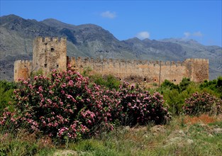 View of the fortress of Frangokastello on the southern coast of the Mediterranean island and the Kryoneritis mountains in the background