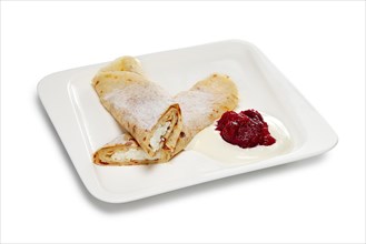 Layout for menu. Pancake stuffed with cottage cheese and sour cream with raspberries