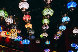 Mosaic Ottoman lamps from Grand Bazaar in Istanbul. Colorful and Vibrant scene