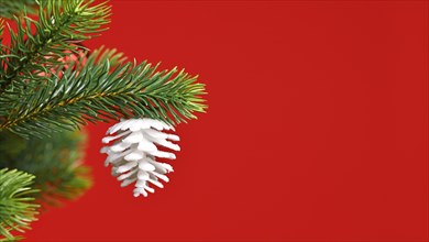 Christmas banner with white fir cone ornament on tree in front of red background with copy space